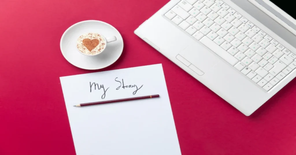 A creative workspace with a computer, notepad, and coffee cup, representing the content creation process.
