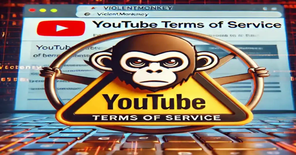 Conceptual image showing YouTube’s terms of service with a warning icon and Violentmonkey integration, highlighting ethical browsing practices.