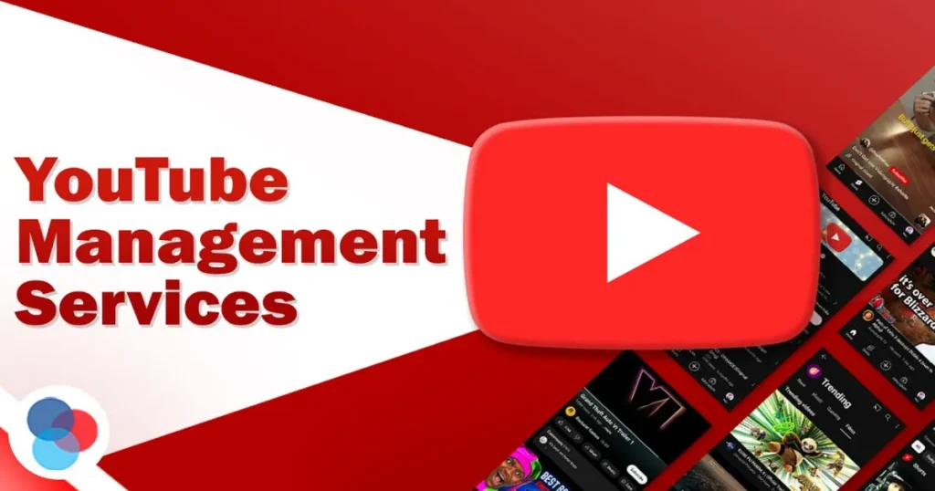 Dashboard view of YouTube channel management services with video SEO and analytics tools shown.
