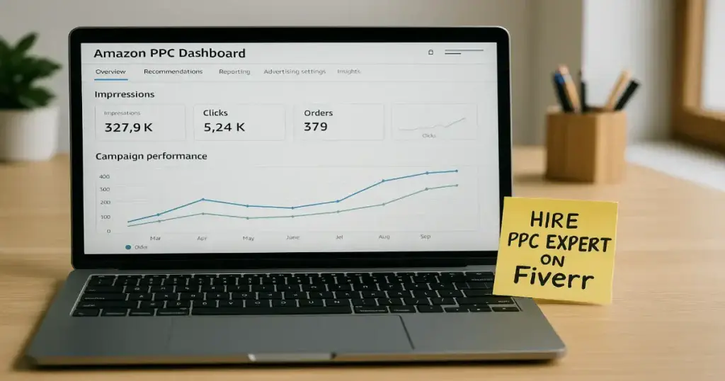 A focused Amazon PPC specialist reviewing ad performance, clicks, and impressions on Amazon dashboard.