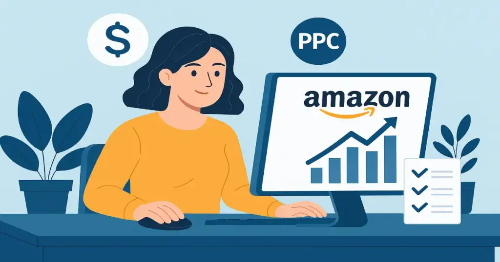 Illustration of a product launch campaign handled by an Amazon PPC specialist with rising graphs and Amazon branding.