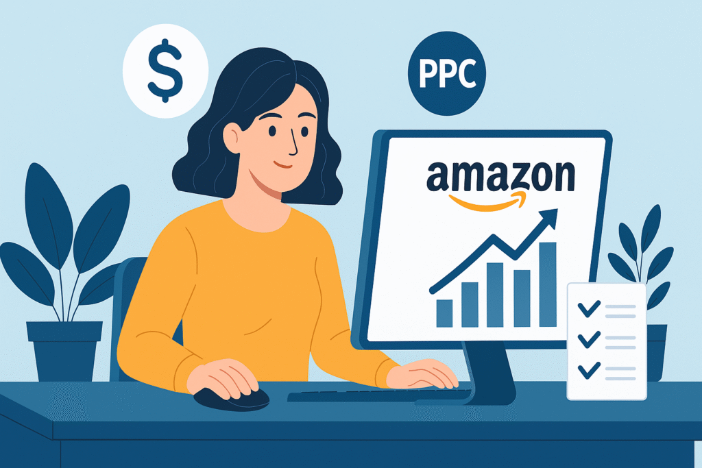 Amazon Ppc Specialist Illustration Of A Product Launch Campaign Handled By An Amazon Ppc Expert With Rising Graphs And Amazon Branding.